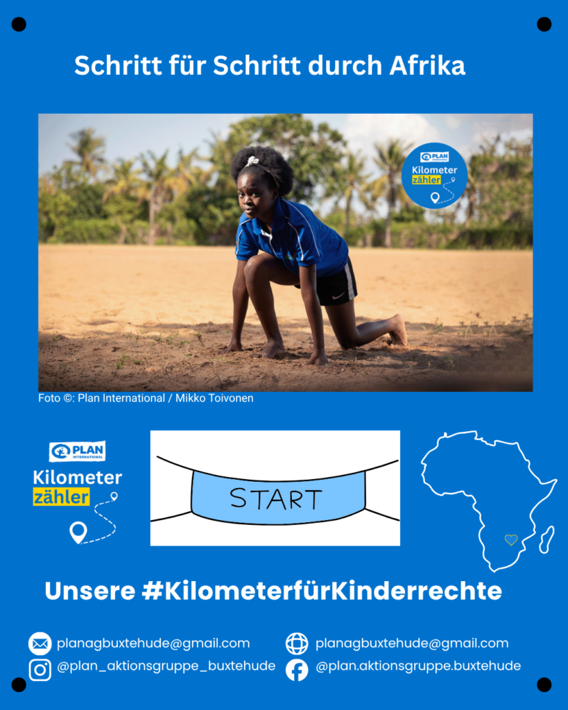 Ein junges Mädchen in Sportkleidung kniet an einer Startlinie auf einem sandigen Feld. Das Plakat wirbt für die Kampagne "Kilometer für Kinderrechte", mit afrikanischen Bildern und Angaben zu sozialen Medien und Kontakten am unteren Rand.